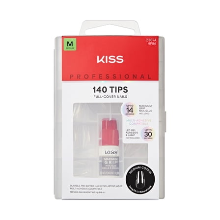 KISS Professional Full Cover Press On Nails, ‘Luminous’, White, Medium Coffin, 140 Count