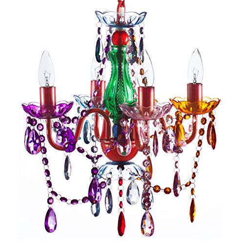 4 Light Multicolor Hardwire Flush Mount Chandelier H17.5”xW15”, Red Metal Frame with Green Glass Stem and Multicolor Acrylic Crystals & Beads That Sparkle Just Like Glass