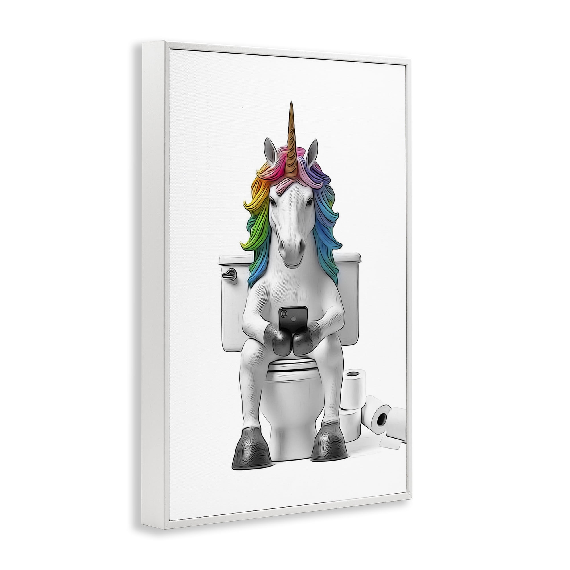 Stupell Industries Unicorn Texting on Toilet Typography Painting White Framed Art Print Wall Art, 20 x 30