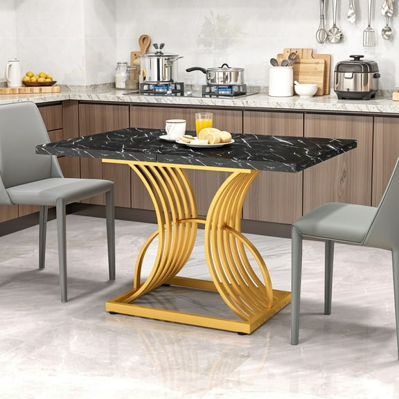 ModFusion Stylish 47" Dining Table, Waterproof Black Faux Marble Top, Adjustable Foot Pads, Small Pantry, 3.9 ft Wooden Metal, Gold