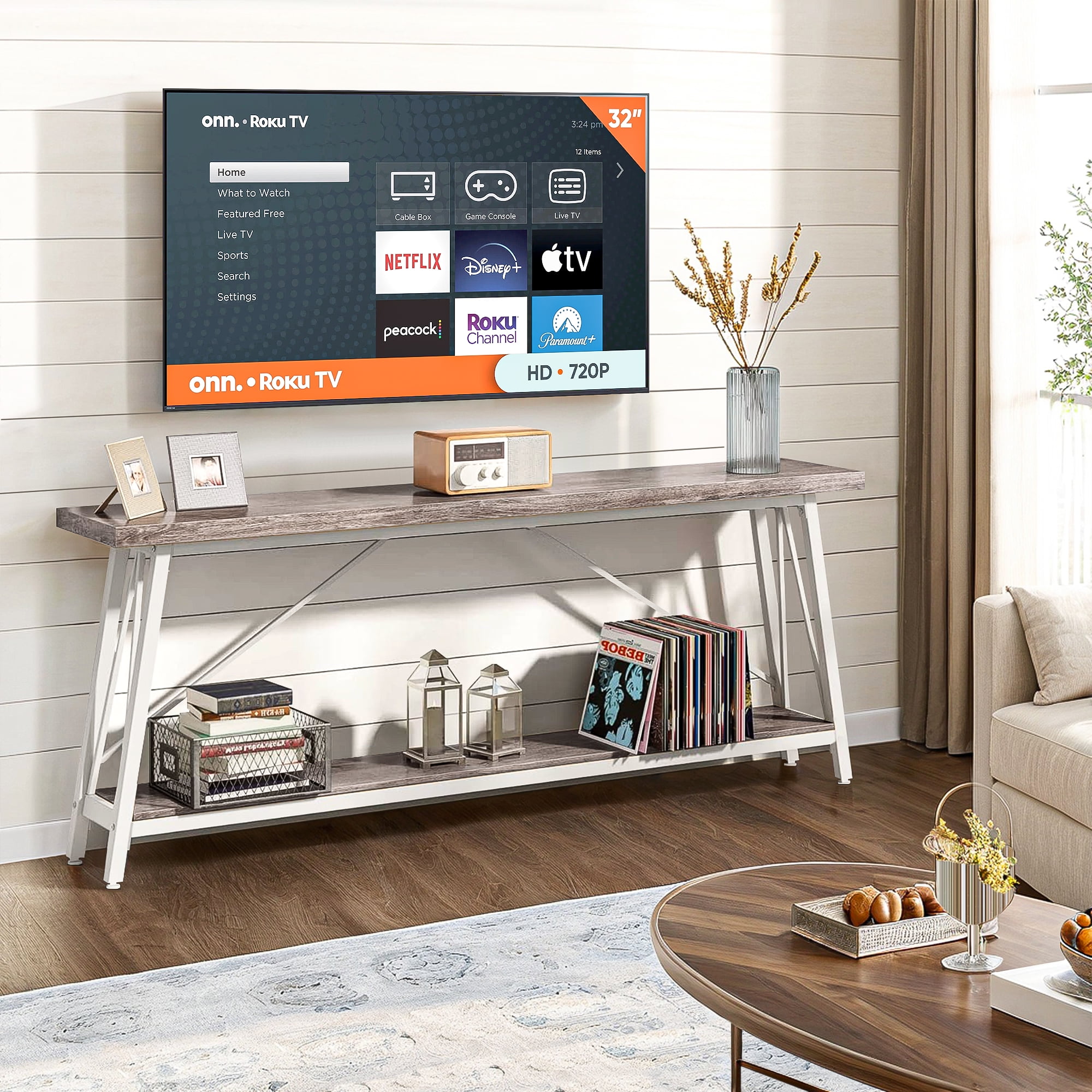 Demi Bonn 70.9" Console Table, Rustic Vintage Narrow Sofa Table for Entryway, Living Room, Hallway, Gray & White