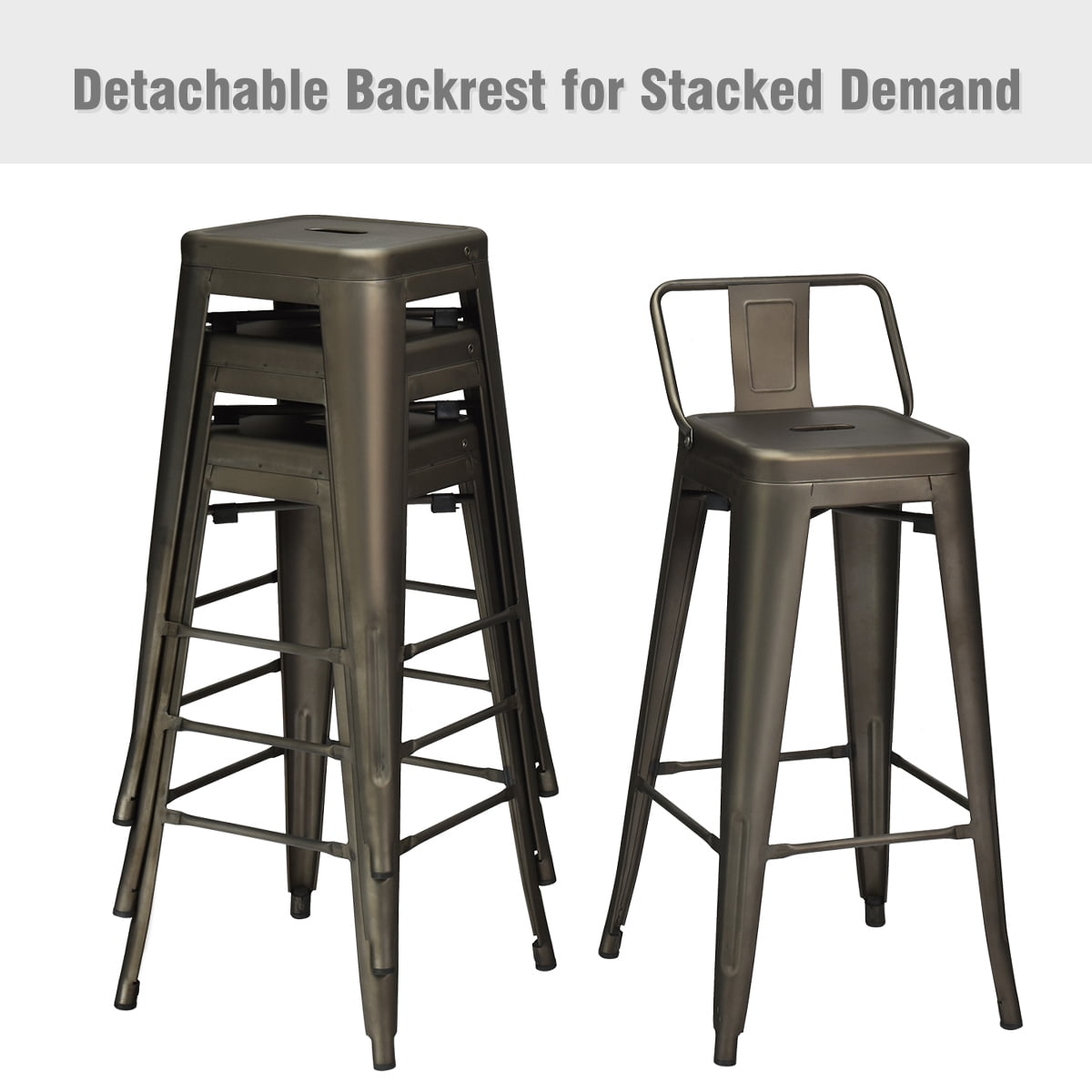 Costway Set of 4 Metal Bar Stools 30'' Bar Height Barstools Industrial w/ Low Back Gun