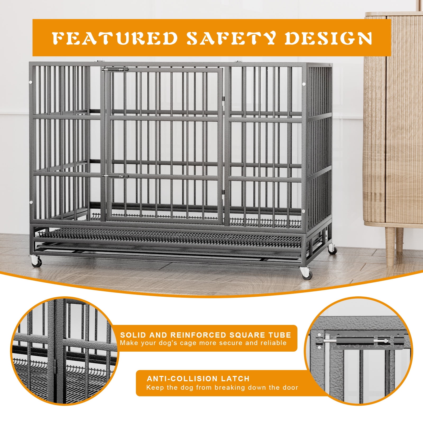 Waleaf 38 Inch Heavy Duty Dog Crate Cage with Wheels for Indoor, Large Dog Kennel with Removable Tray