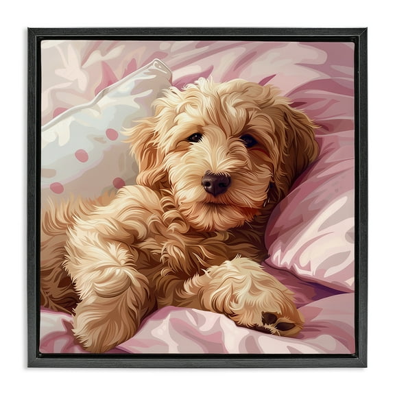 Stupell Industries Sleepy Labradoodle in Bed Animals Painting Black Floater Framed Canvas Art Print Wall Art, 18 x 18