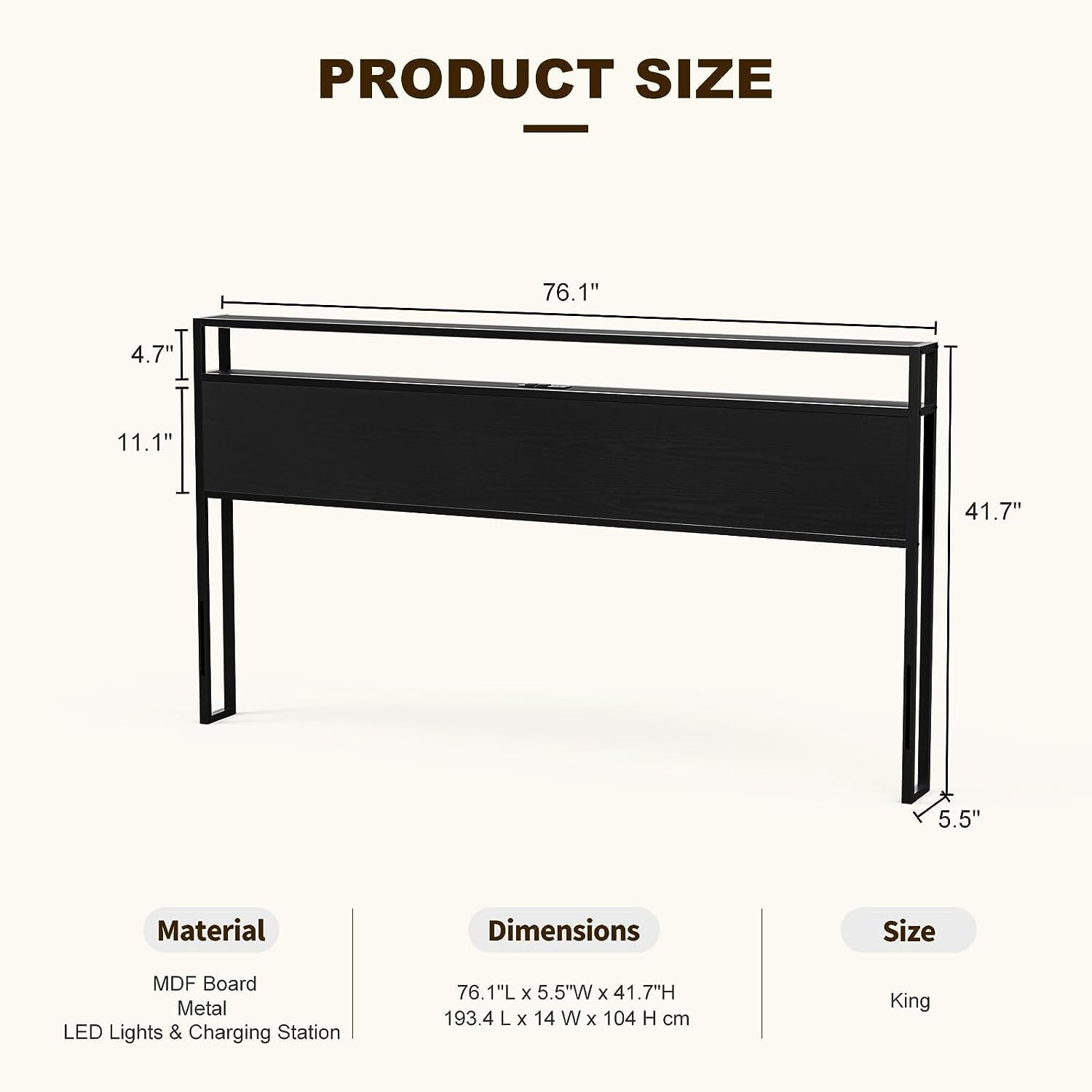ARICOEASY King Size Storage Headboard with LED Lights & Charging Station, Modern King Headboard for Bedroom, Black