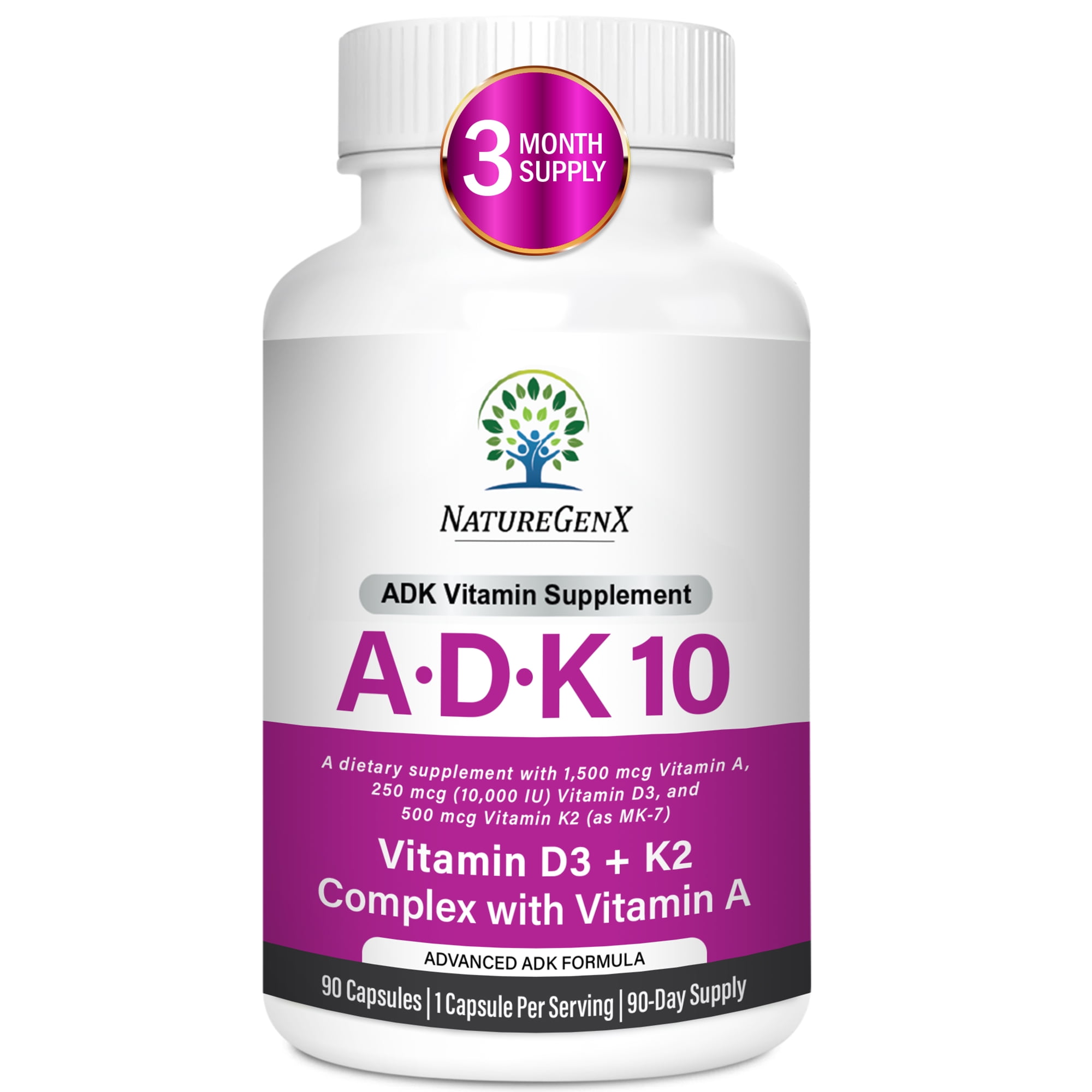 NatureGenX ADK Vitamin Supplement - High Potency Vitamin A 1500 mcg, D3 10000 IU & K2 500 mcg - Bone, Heart & Immune Support - 90 Vegetarian Capsules