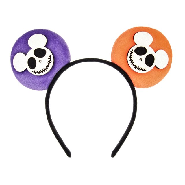 Diadema con orejas de ratón para Halloween, diseño de calabaza, fantasma, calavera, manzana venenosa, lazo brillante, disfraz para mujer (ratón fantasma morado y naranja)