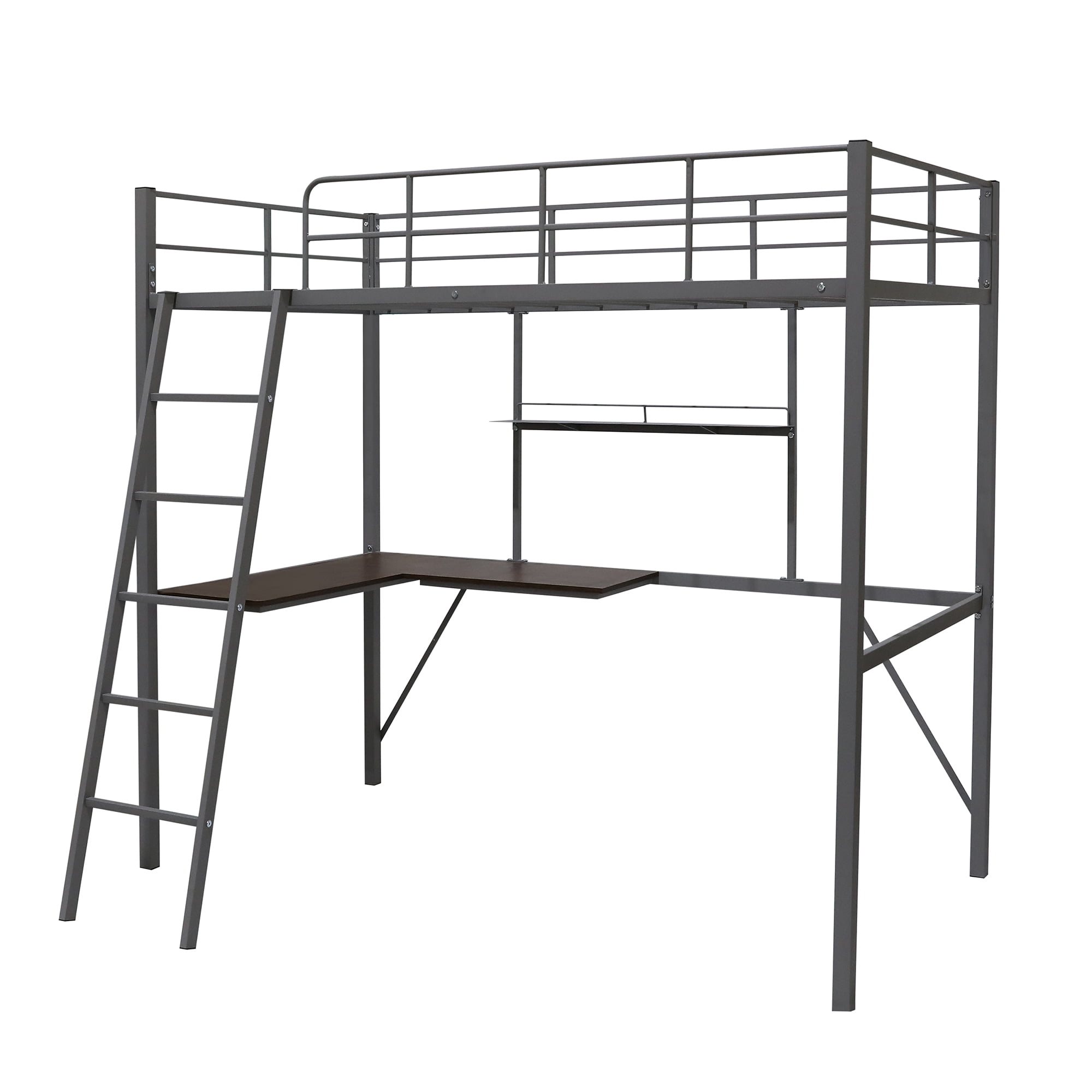 Dcenta Metal Twin Loft Bed With Desk And Shelf Twin Size High Loft Bed Gray Walmart Com