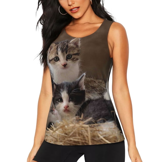 Fotbe Cat Family Blusas Sin Mangas para Mujer – Estilo Casual, Corte Suelto, Slim-Fit, Cuello Redondo Deportivo, Tops de Verano para Gimnasio y Yoga-XX-Large