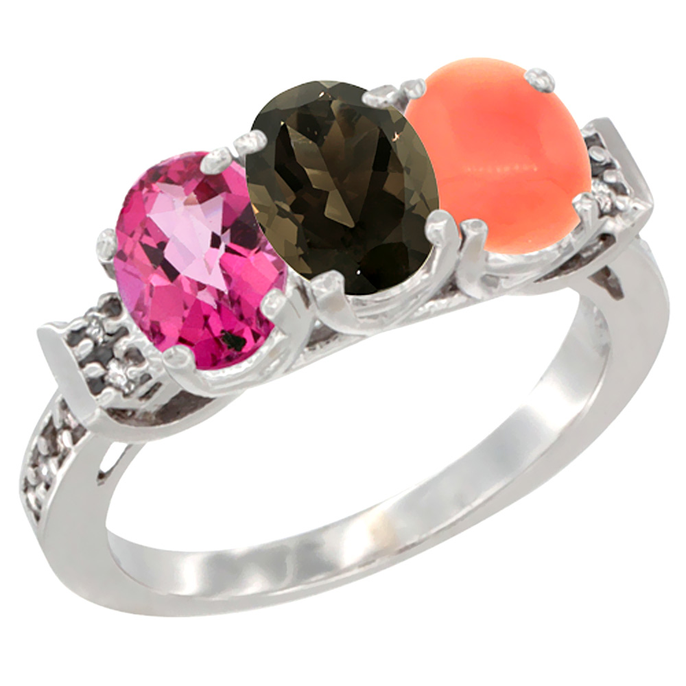 10K White Gold Natural Pink Topaz, Smoky Topaz & Coral Ring 3-Stone Oval 7x5 mm Diamond Accent, sizes 5 10 by WorldJewels