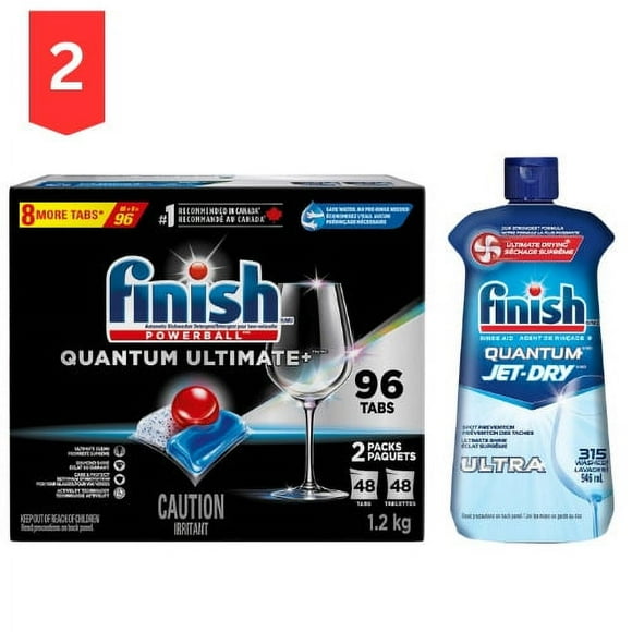 Finish Quantum Ultimate+ Détergent pour Lave-Vaisselle, 96 Tablettes + Agent de Rinçage Finish 315 Lavages