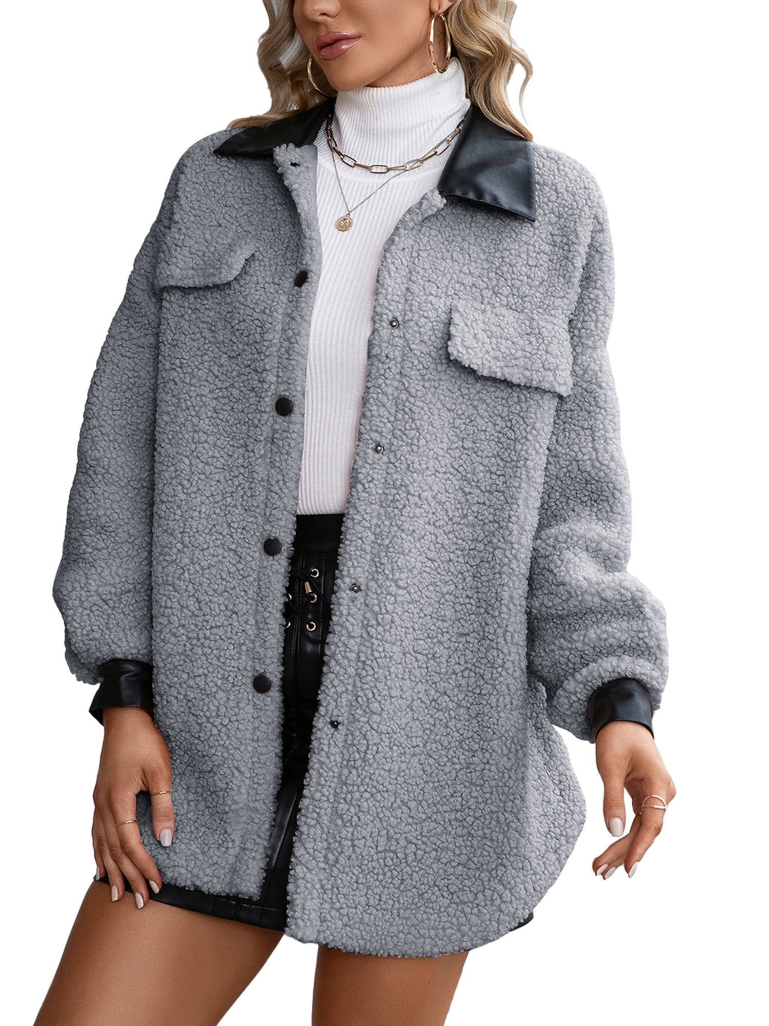 Taopleker Women Fleece Open Front Coat Lapel Neck Button Down Outwear Coat 
