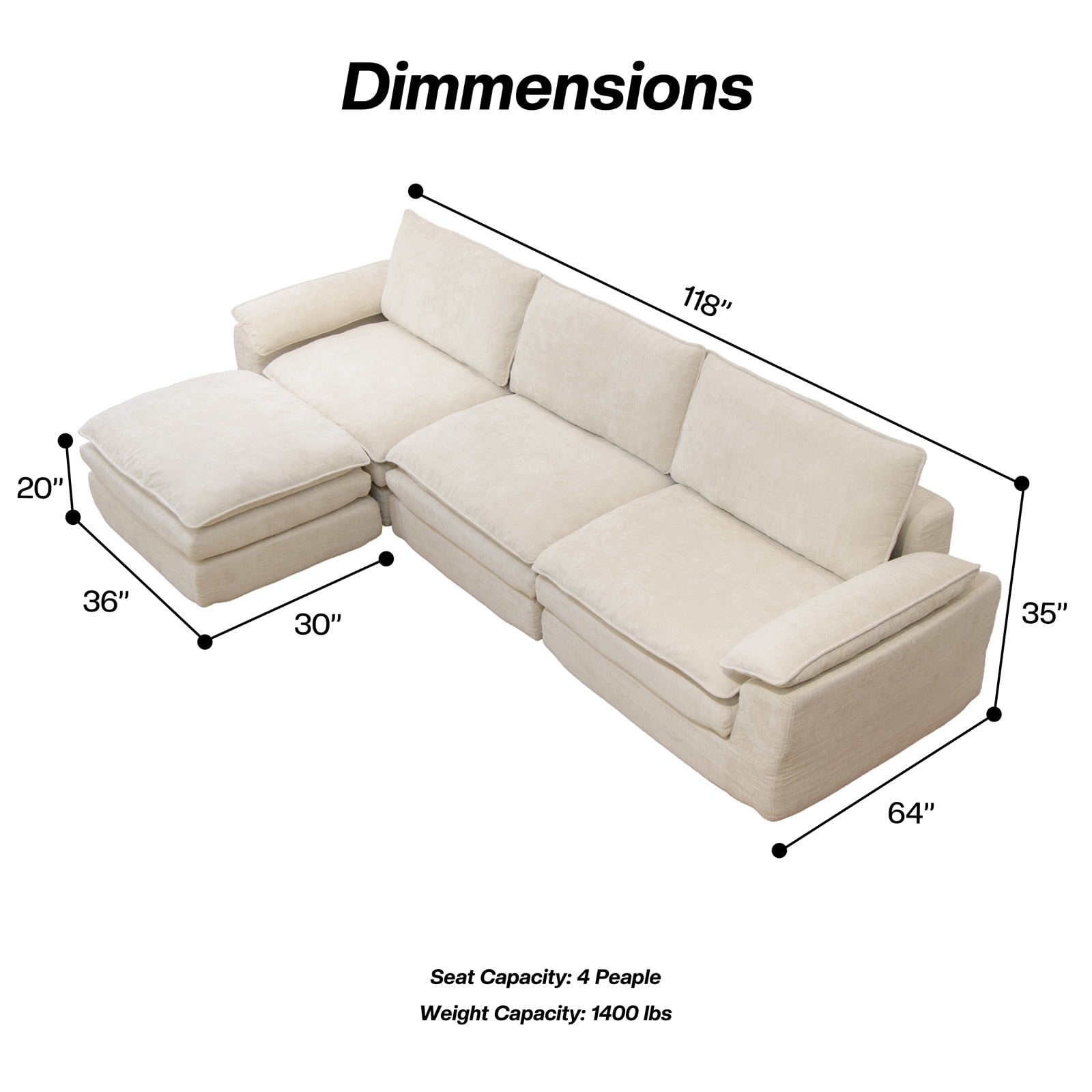 Kelyda 116'' Cloud Sectional Couches L Shaped, Modern Convertible Modular Cloud Chenille Sofa for Living Room White