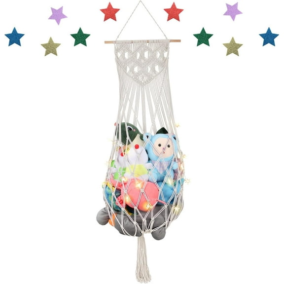 Stuffed Animals Net w/LED Star Light, 63 Inch Jumbo Toy Stuffed Animal Hammock Wall Hanging Net Room Décor for Nursery Teddy Plushie, Stuffed Animals Hammock Corner for Kid Girls Boys(Beige )