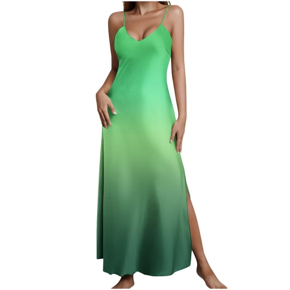 CHGBMOK Women Dresses Trendy Gradient Casual Long Dress Deep V Neck Sleeveless Spaghetti Strap Night Dress Side Slit Boho Dress Spring Summer