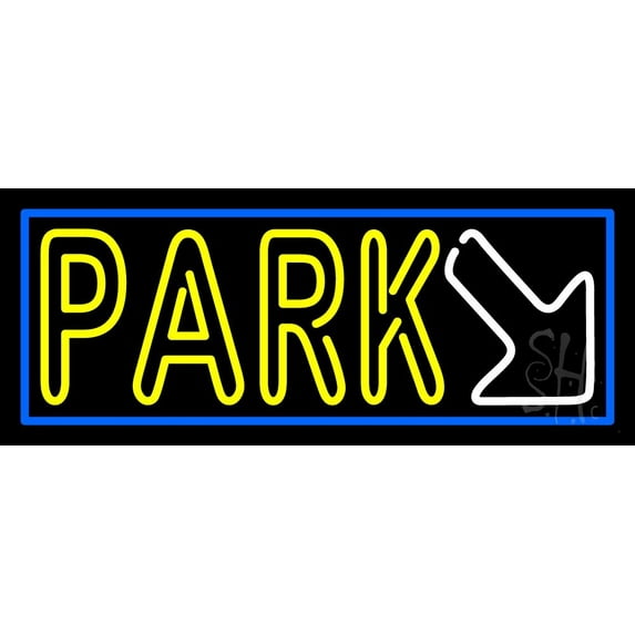 Double Stroke Park With Arrow And Blue Border LED Neon Sign 13 x 32 - inches, Clear Edge Cut Acrylic Backing, with Dimmer - Bright and Premium built indoor LED Neon Sign for Bar decor.