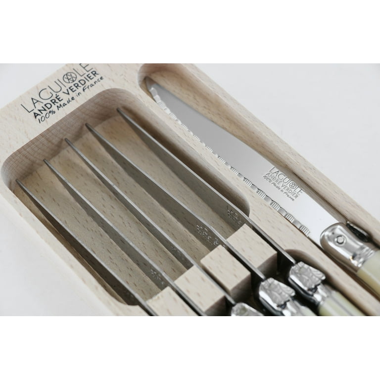 Laguiole steak knives, white acrylic handles, dishwasher safe Length of  handle 12 cm Bee Welded bee Bolsters Full handle Packaging Block of 6  Nature of the handle Acrylic POM, white Steel blade