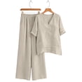 thumbnail image 7 of Bosfbaoi Two Piece Sets for Women Linen Blend Relaxed Fit Outfit Set Asymmetrical 3/4 Sleeve V-Neck Tops Elastic Waist Wide Leg Pants Summer Casual Outfits, 7 of 7