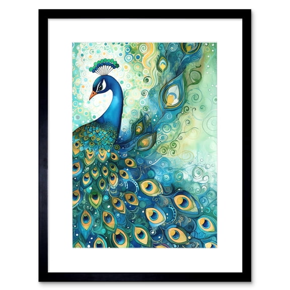 Peacock Bird Concept Folk Art Watercolour Painting Artwork Framed Print Wall Art 9X7 Inch
