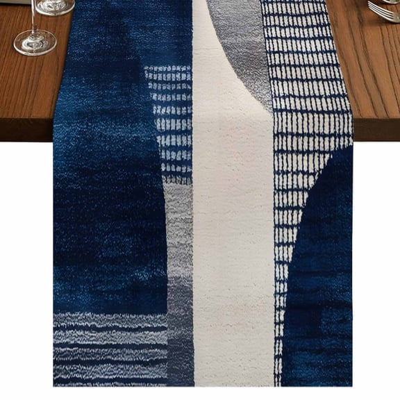 Boho Navy Blue 70 Inch Table Runner, Modern Geometric Abstract Art Farmhouse Dresser Scarf Cotton & Linen Tablerunner for Dining/Kitchen Island/Holiday Party Décor 13" x 70"