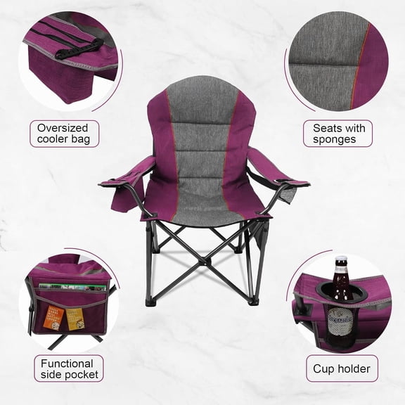 Full Padded Oversized Folding Camping Chair, Heavy Duty 350 lbs Outdoor Lawn Chair with Cooler Bag, Cup Holder, Lumbar Support & Head Storage Pocket, Portable for Adults (Purple)