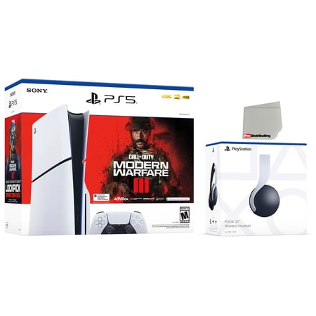 Sony PlayStation 5 Slim Disc Call of Duty Modern Warfare 3 Bundle with White Pulse 3D Wireless Gaming Headset and Microfiber Screen Cleaner