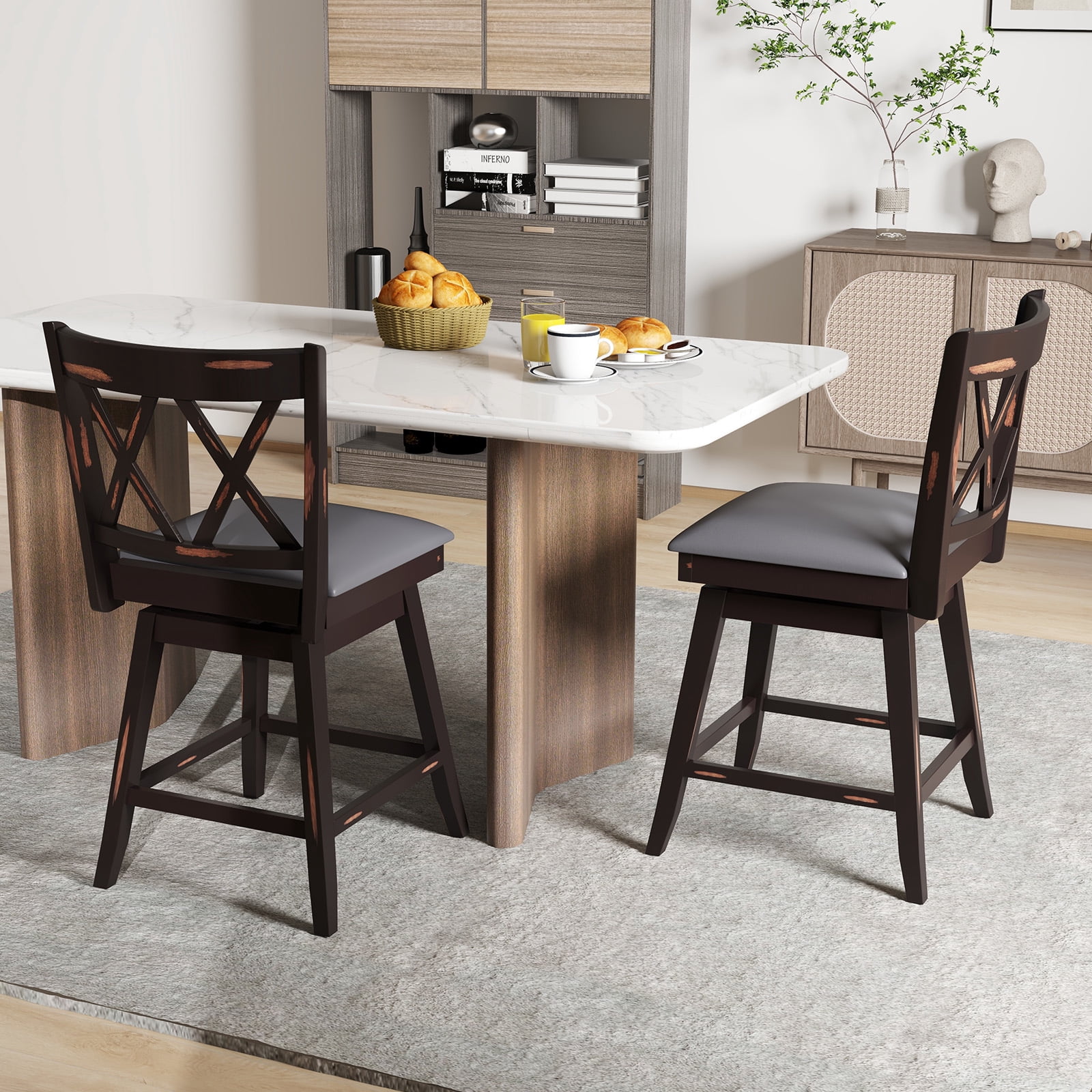 Costway 24" Bar Stools Set of 4 with Ergonomic Backrest Rubber Wood Legs Swivel Height Chairs Black, Gray