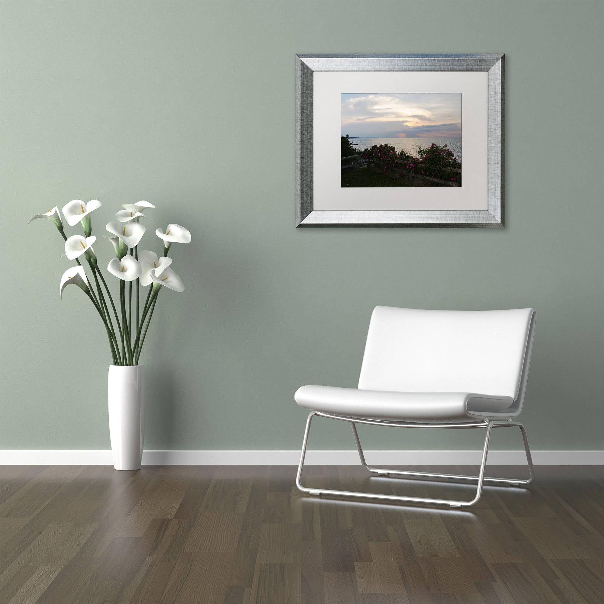 Trademark Fine Art "Roses in Bloom Along the Lake" Canvas Art by Kurt Shaffer, White Matte, Silver Frame