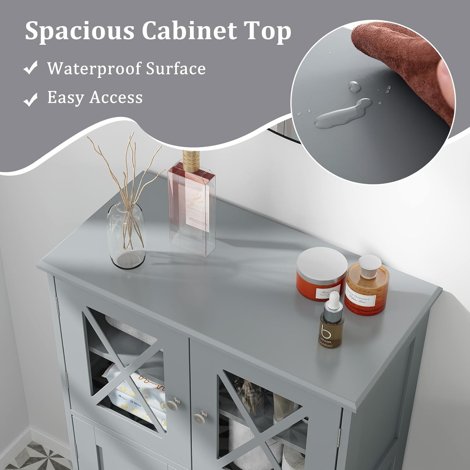 Bathroom Floor Storage Cabinet - Linen Floor Cabinet with Doors and Adjustable Shelves, Freestanding Side Storage Organizer for Bathroom, Living Room, Entryway, Kitchen Storage Unit (Grey)