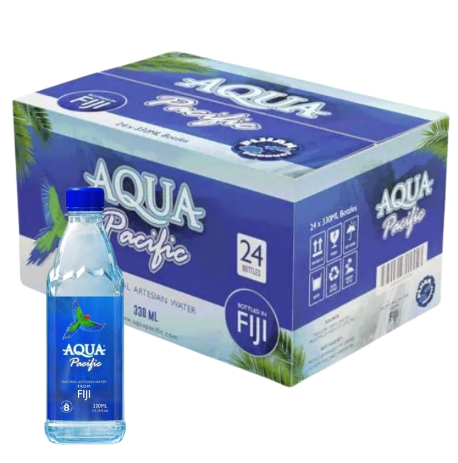 Natural Artesian Bottled Water 500mL / 16.09 Fl Oz (Pack of 24) 100% Natural Electrolytes - Natural pH 8+ Aqua Pacific Bottled Water from FIJI