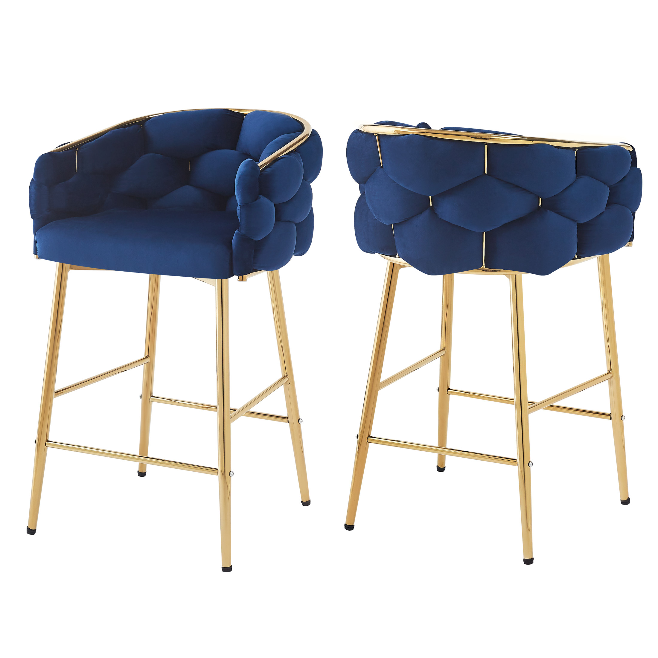 Nivora 28" Seat Height Modern Upholstered Flannelette Counter Stools, Metal Frame, Dark Blue + Gold, Set of 2