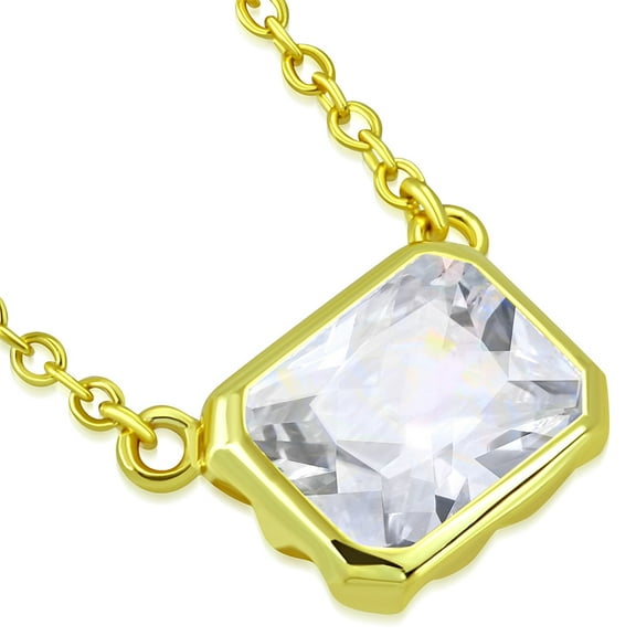 925 Sterling Silver Yellow Gold-Tone Bezel-Set CZ Cushion Solitaire Pendant Necklace