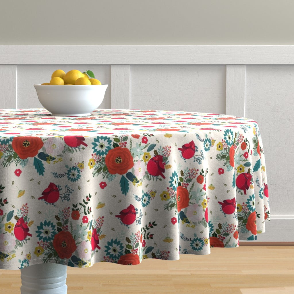 Round Tablecloth Holiday Christmas Decor Winter Flowers Floral Cotton