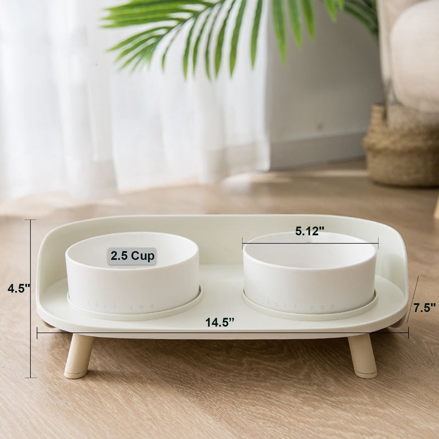 Double Bowl Ceramic Bowl Feeder Set, White
