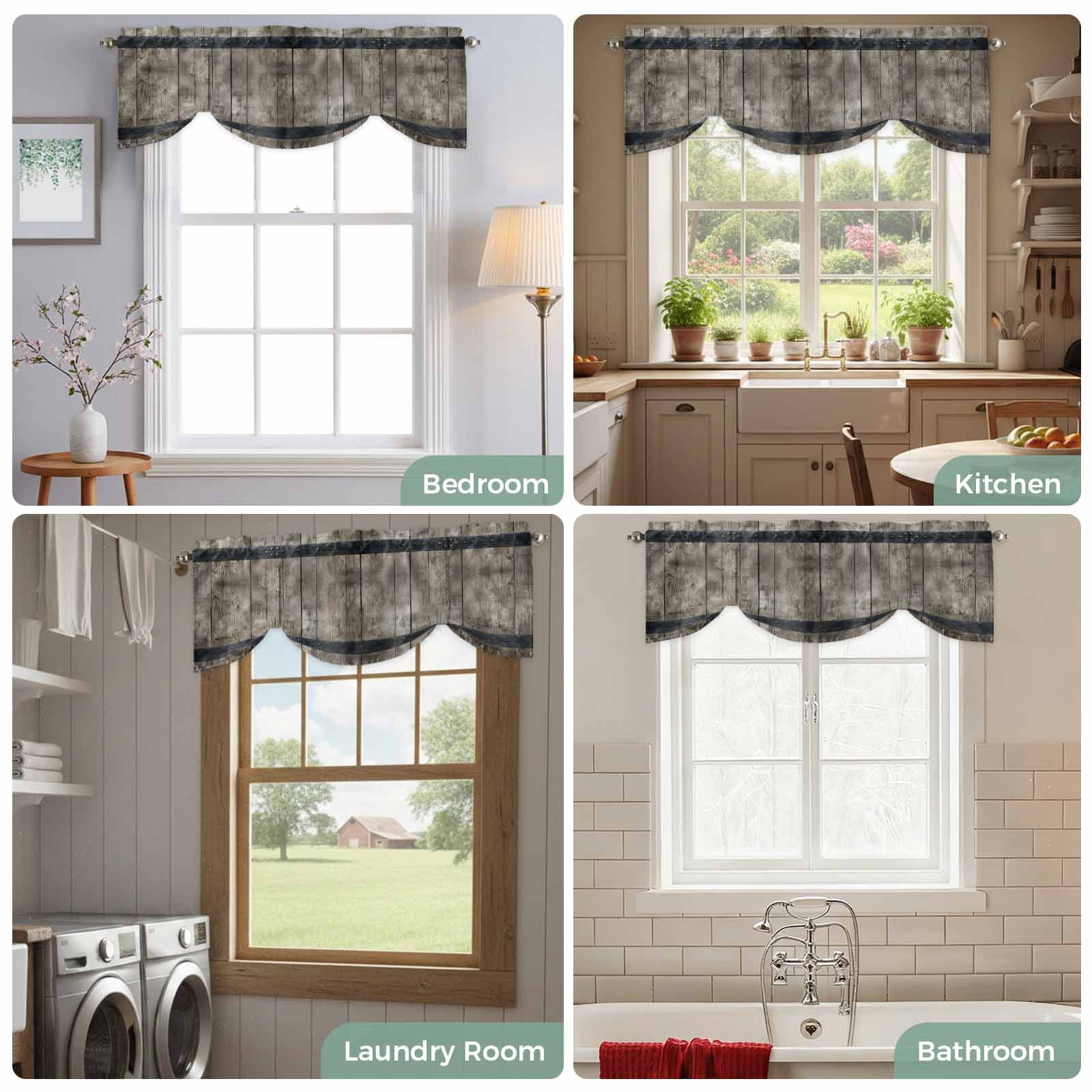 Country Barn Door Tie Up Valances Curtain, Adjustable Kitchen Distressed Retro Brown Wood Grain Rivet Valances for Windows Decor, Rod Pocket Short Curtains Set for Bedroom/Bathroom, 54"x18"