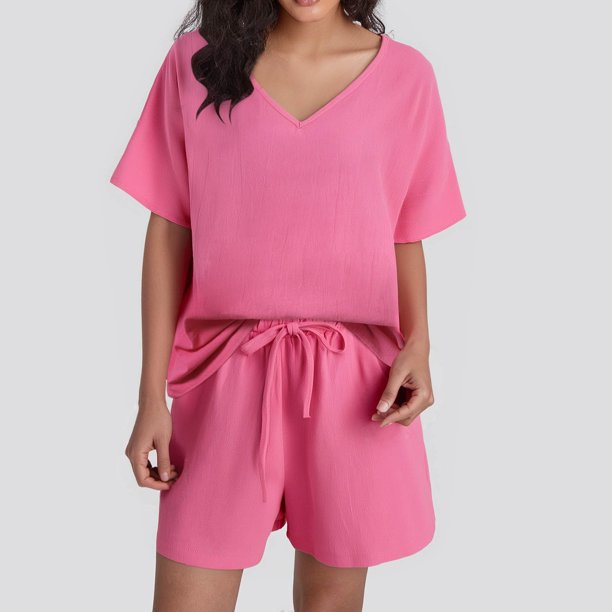 MKLEKYY conjuntos de Dos Piezas para Mujer, de Lino, de Manga Corta, Holgados, con Cordón y Bolsillos, para Verano