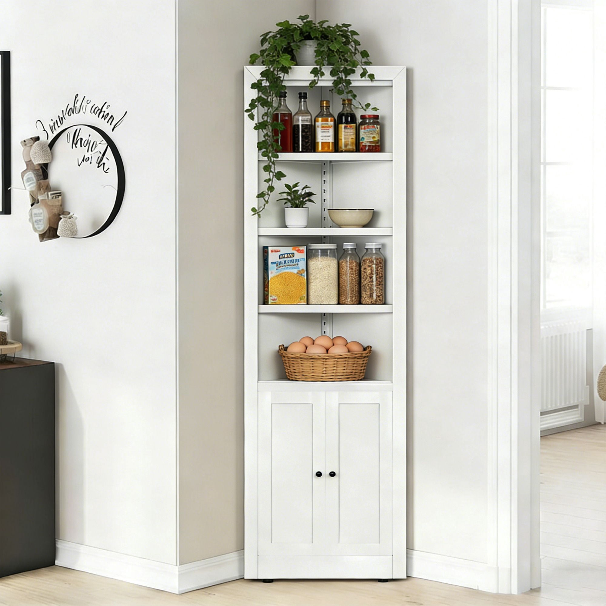 Tall Corner Storage Cabinet with 2 Doors, 5-Tier Steel Cabinet with Adjustable Shelves, 70.8 in Freestanding Space Saving Storage for Kitchen Pantry, Bathroom, Laundry Room