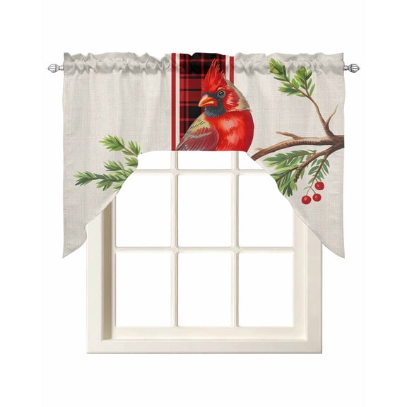 Cardinal Birds Swag Valances for Windows, Small Curtains Drapes, Xmas Pine Cones Branches Red Plaid Kitchen Window Curtains Over Sink Rod Pocket Window Treatment Valance for Bedroom/Bathroom 56"x36"