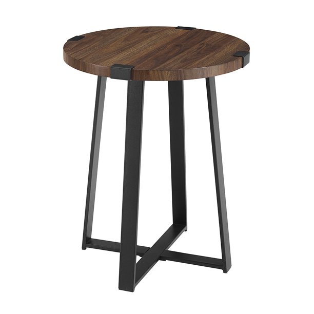 Woven Paths Rustic Wood and Metal Round End Table, Dark Walnut