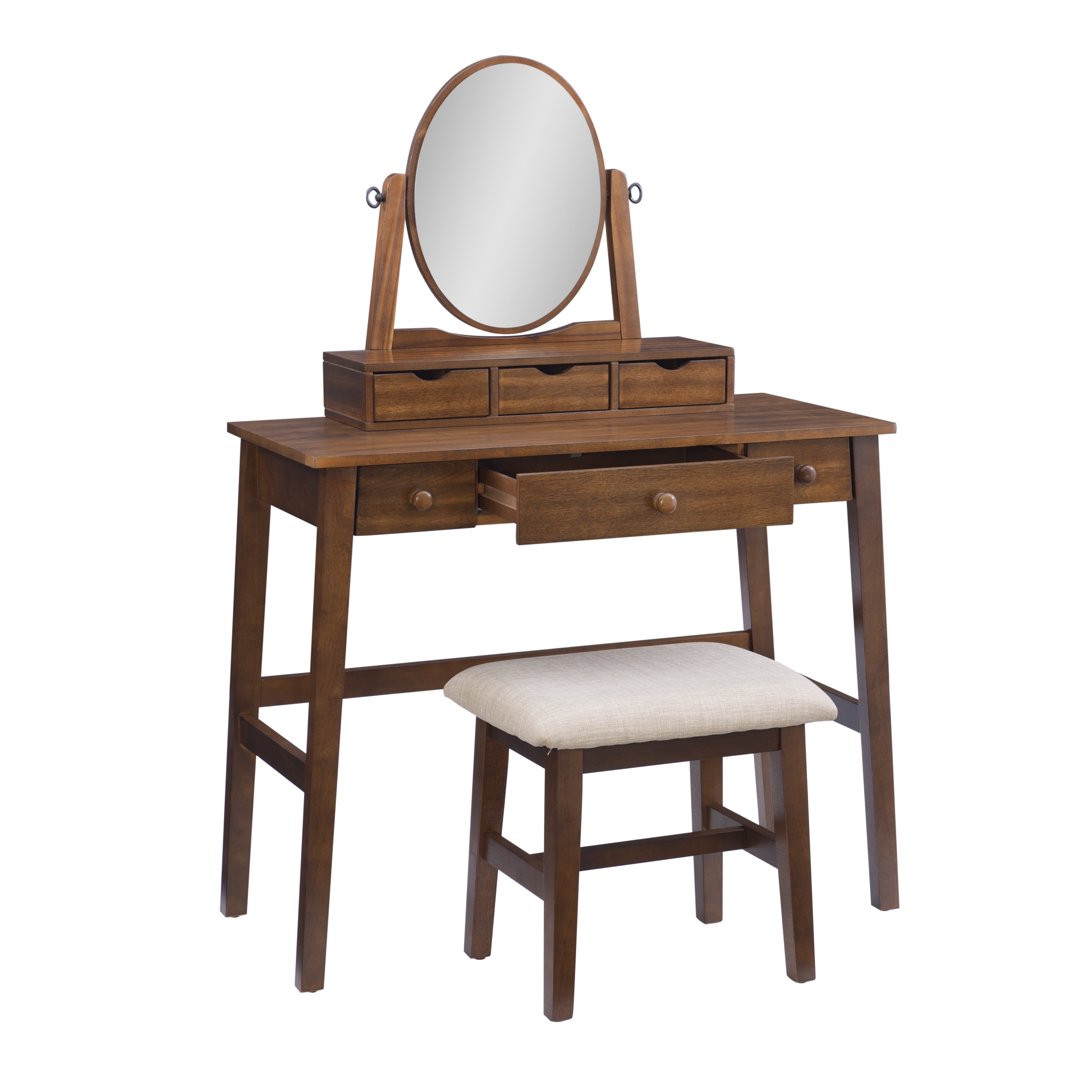 Linon Gwen 2-Piece Vanity Set, Includes Vanity and Bench, Walnut Finish with Natural Fabric