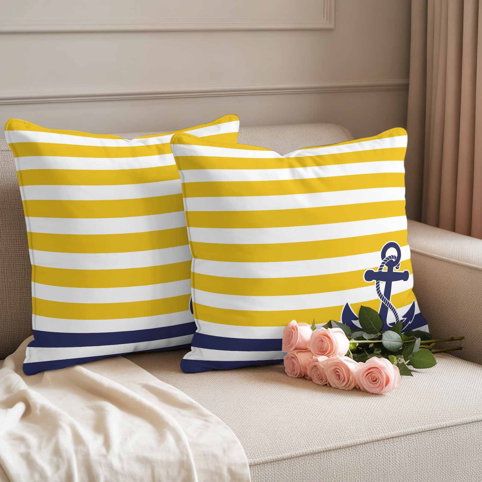 Pack of 2 Outdoor Pillow Covers 26x26 Inch Waterproof Yellow Striped Throw Pillow Covers,Decorative Couch Pillow Case Sham Navy Blue Nautical Anchor Geometric Patio Garden Pillowcases Cushion Covers
