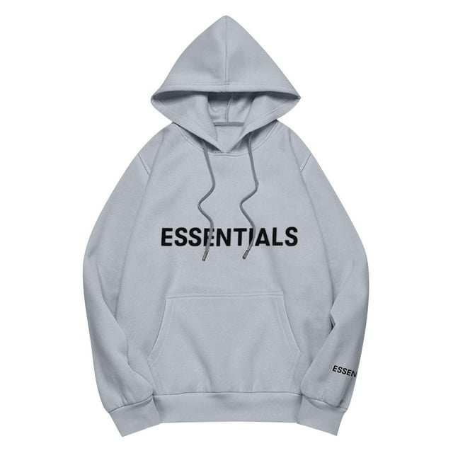 Pullover Hoodie with Adjustable Drawstring Hood and Front ESSENTIALS Lettering Print Casual Loose Fit Design Gray S