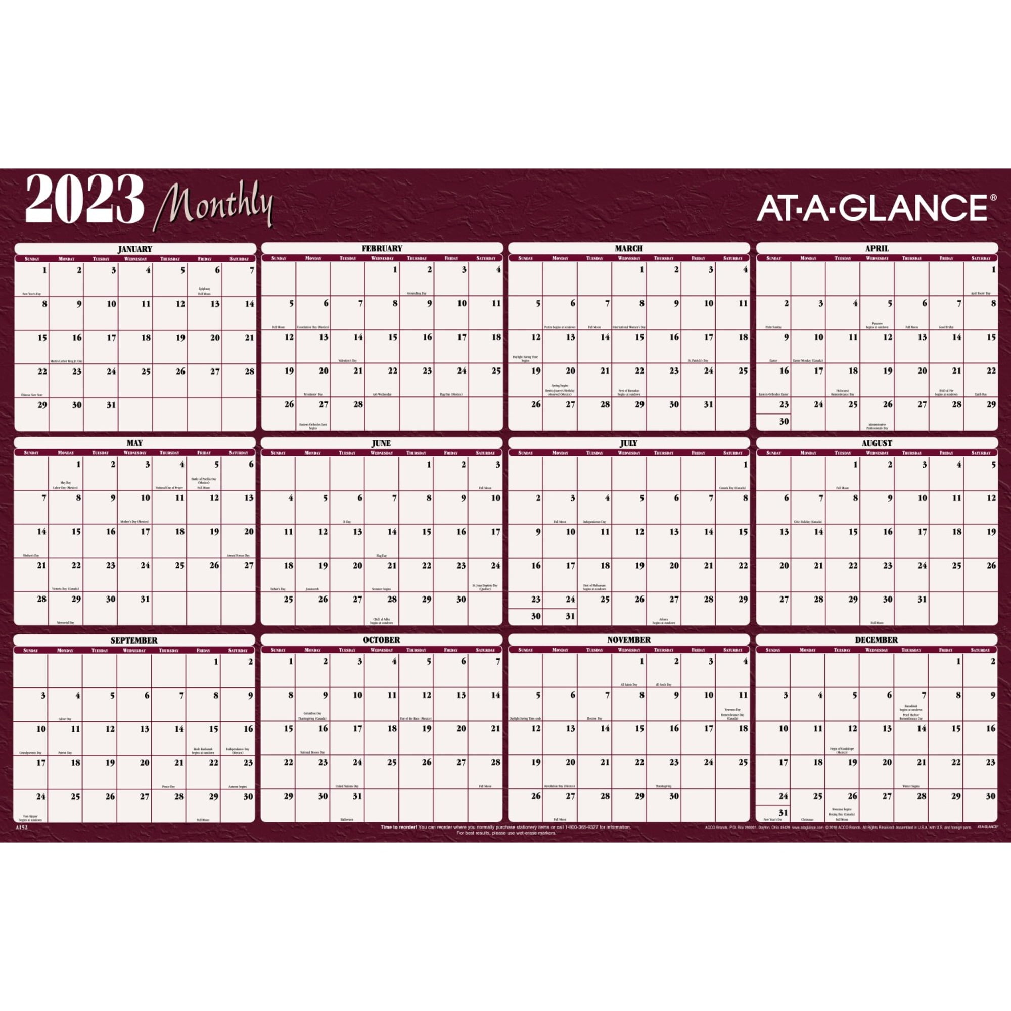 At A Glance 2023 Ry Horizontal Erasable Yearly Wall Calendar