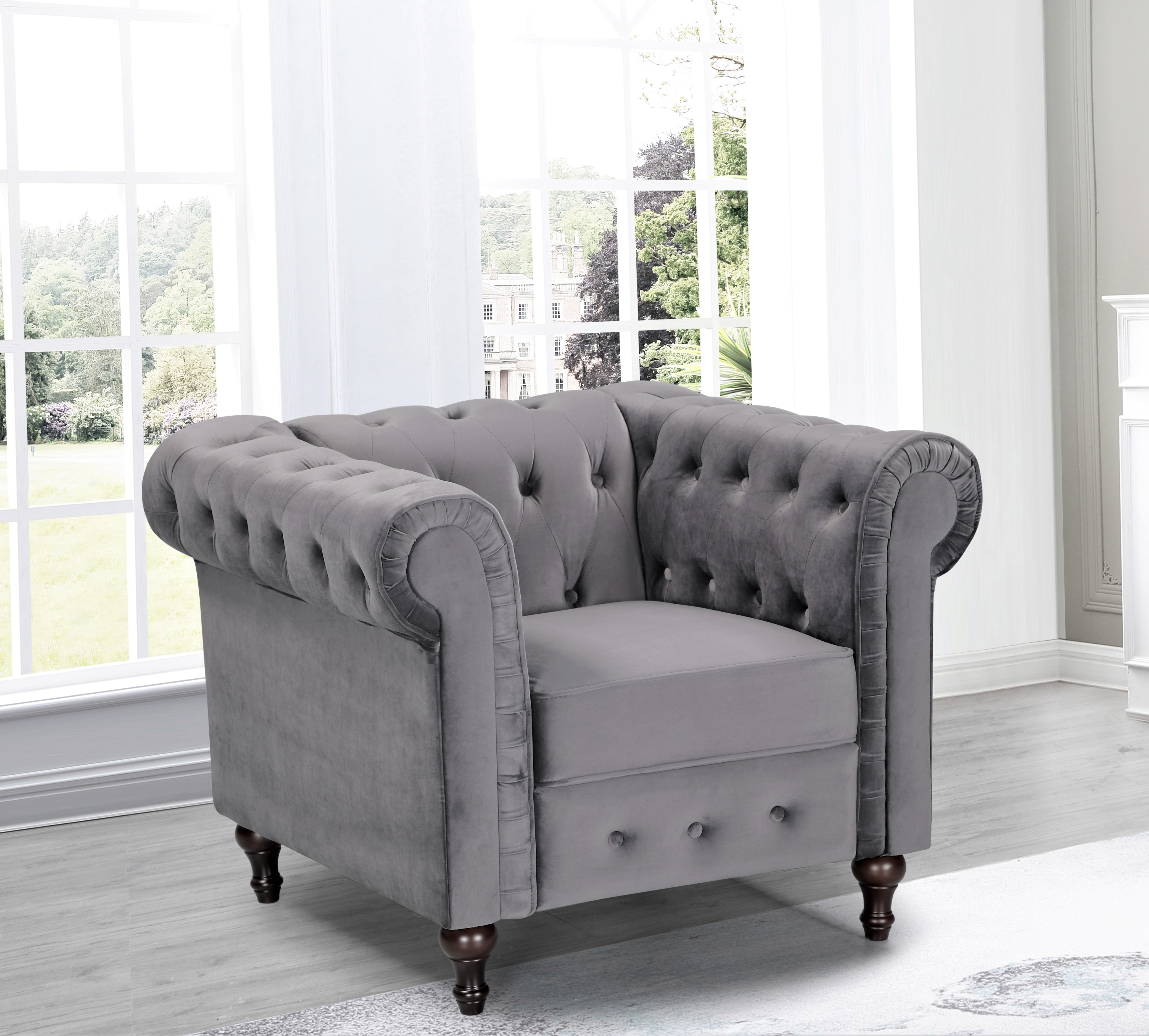Uspridefurniture Shamblin Rolled Arm Tufted Chair,Gray Velvet