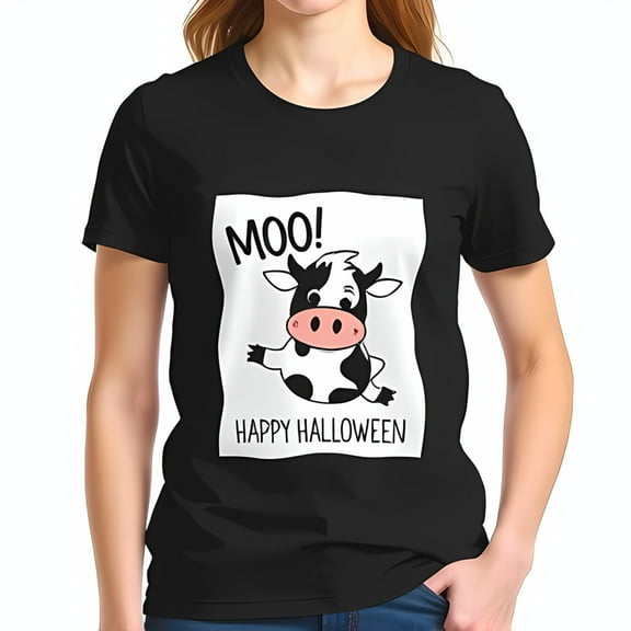 Cute Cartoon Cow Halloween T-Shirt - Black Short Sleeve Tee with 'MOO ' and 'HAPPY HALLOWEEN' Design