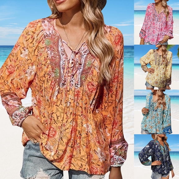 Women's T-Shirts Basic Tops Boho Vintage Flower Print Long Sleeve V Neck Lace Up Plus Size Outfits Green