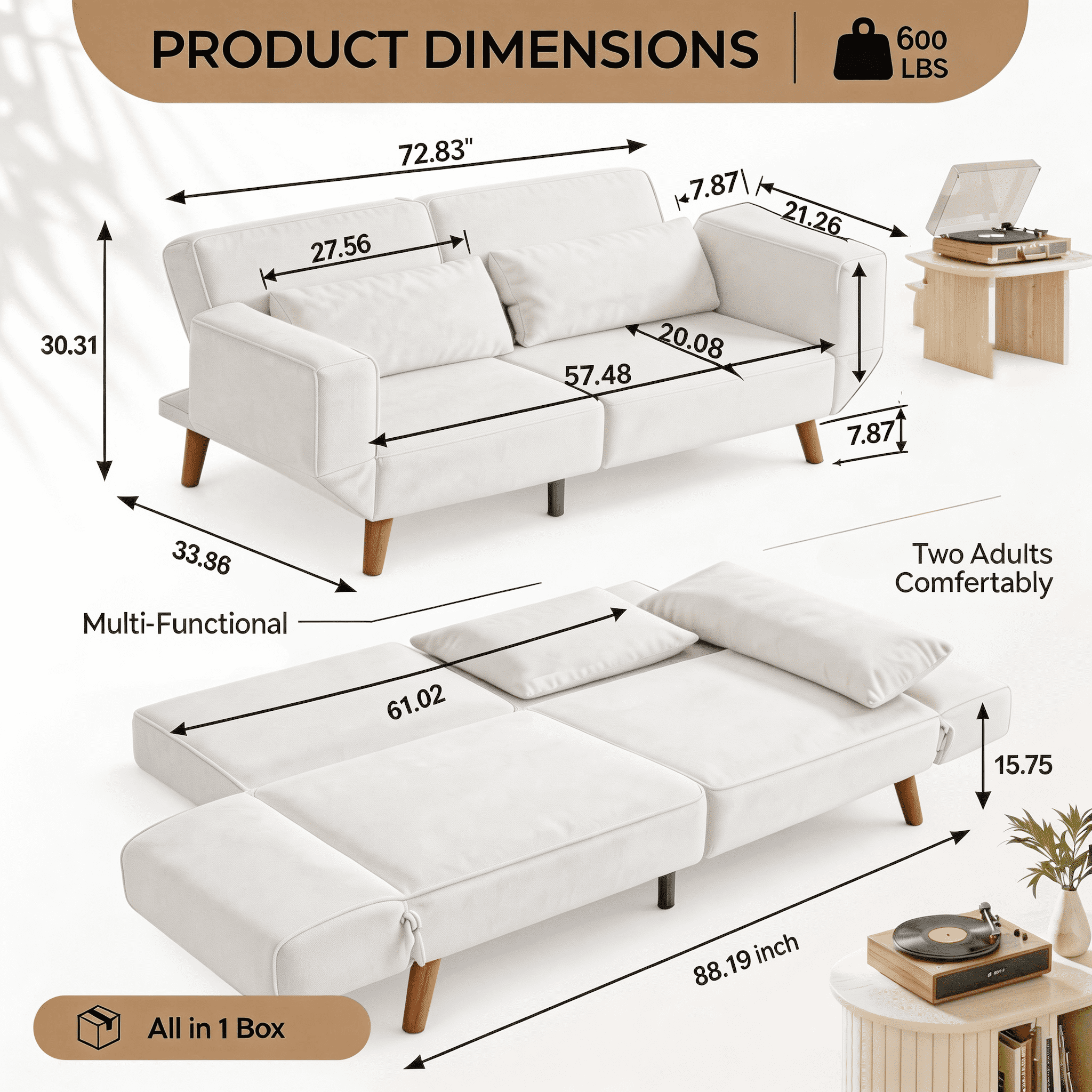 CARZZI LIFE 3 Seat Convertible Futon Sofa - Adjustable Backrest (90°-180°), Mid-Century Design, 69" Sleeper Area, Multi-Functional for Living Space, Pink