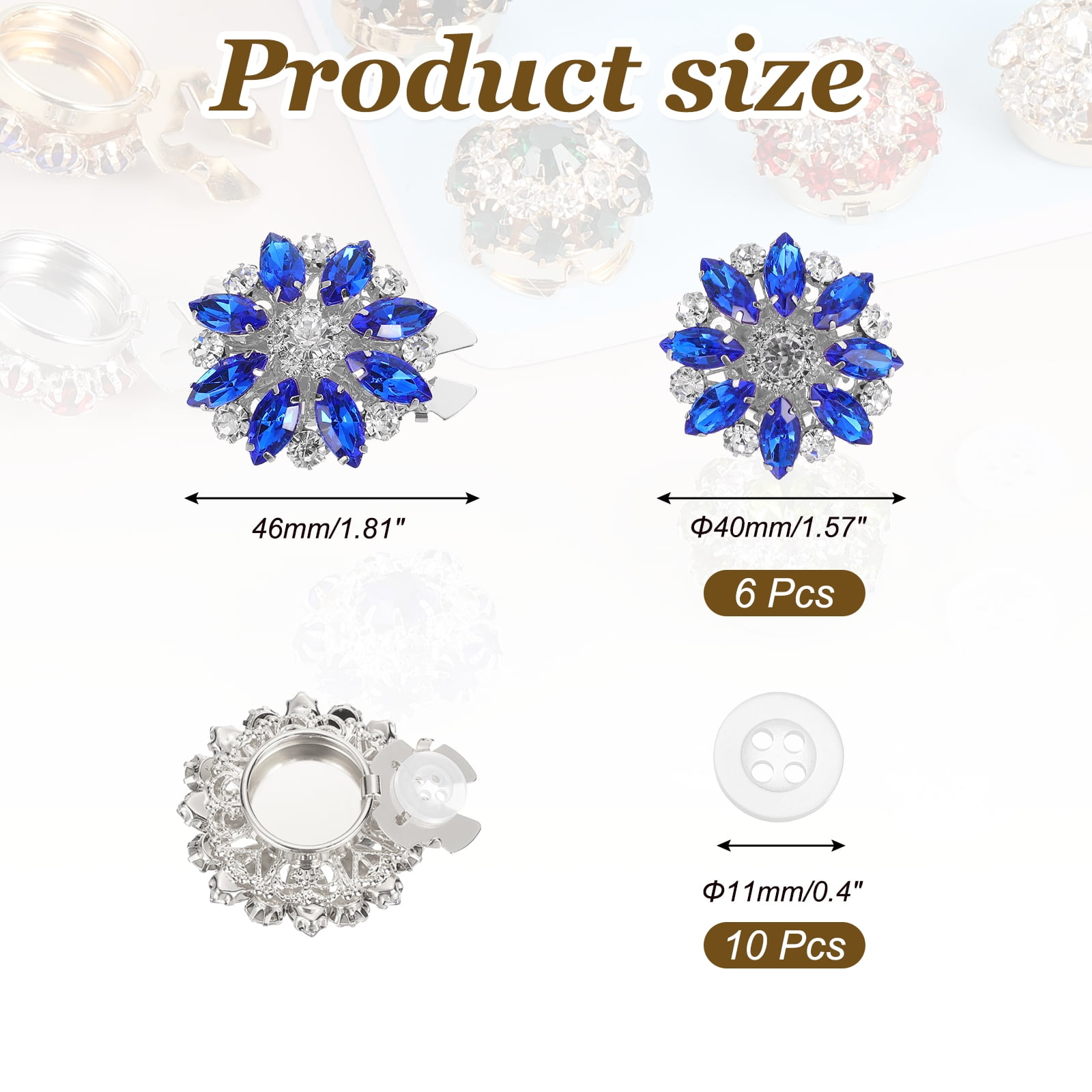 6 Pcs Rhinestone Button Covers Decorative Clips with 10 Pcs White Sewing Buttons Detachable Marquise Sewing Replacement for Women Men DIY Crafts Accessories (Navy Blue/Silver)