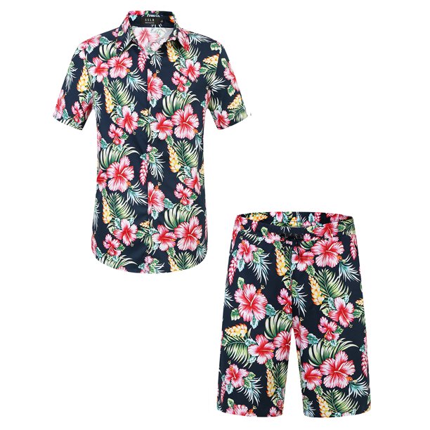 SSLR Men Hawaiian Shirt + Shorts Suits Casual Short Sleeve Button Down