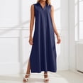 thumbnail image 2 of DHFJKG Summer Dresses For Women Beach Long Dress Sleeveless Turndown Collar Loose Fit Solid Color Flowy A-Line Side Slit Sundress Versatile Dresses, 2 of 7